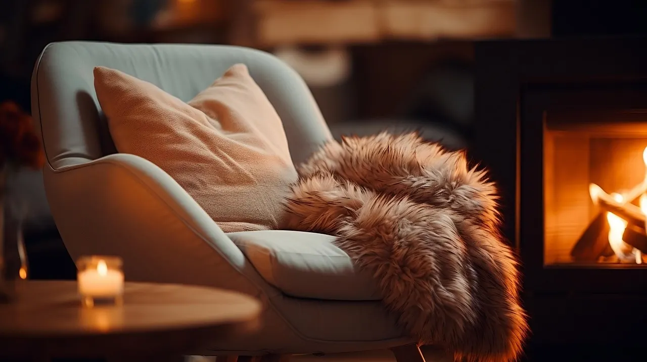 Stock photo: An empty armchair beside a fireplace