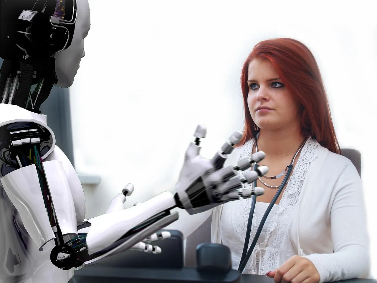 Foto de archivo: dos robots discutiendo en una reunión