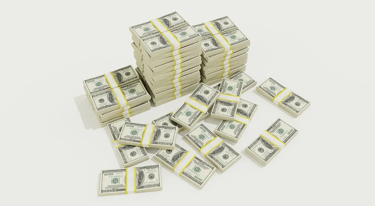 Foto de archivo: montones de billetes de dinero apilados