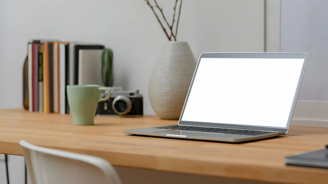 Stock photo: glowing laptop screens in empty corporate office
